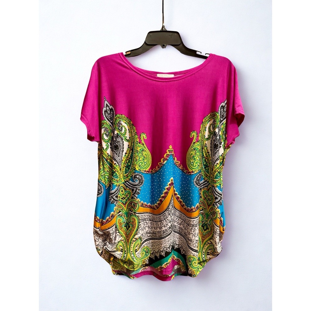 Women's Vintage Boho Paisley Top Multicolor Short Sleeve‎ Festival Art Teacher M
